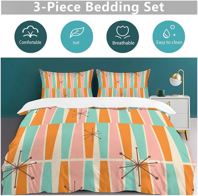 Modern Mid Century Duvet Cover Queen Retro Atomic Bedding Set, Rainbow Grid Comforter Cover Vintage Fifties 1950s Bed Set，Abstract Art Bedding 3 Piece (1 Duvet Cover 86"x70" + 2 Pillow Sham 20"x30")