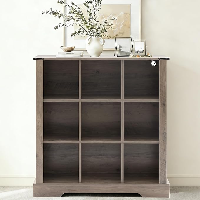 9 Cube Storage Organizer, 3 Tier Book Shelf with Led Lights, Farmhouse Book Shelves for Living Room, Horizontal Toy Storage Bookshelf, Wood Display Bookcase Cabinet for Bedroom, Office, Grey