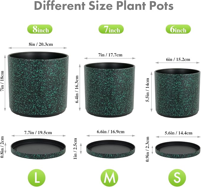 Meowell 8/7/6 inch Plant Pots, 3 Pack Cylindrical Flower Pots for Outdoor Indoor Plants, Decorative Plastic Planters with Drainage Holes and Saucers for Garden House Plants, Black with Green Speckles