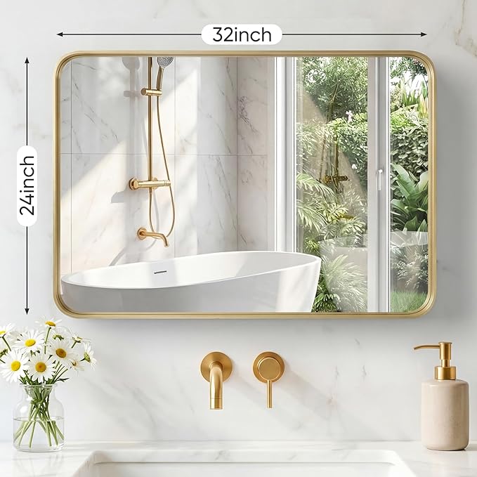 NEWBULIG 24X32 Inch Bathroom Mirror for Over Sink, Wall Vanity Mirrors Tempered Glass, Anti-Rust Metal Framed Rounded Rectangle, Hangs Horizontally or Vertically, Farmhouse Home Decor, Gold