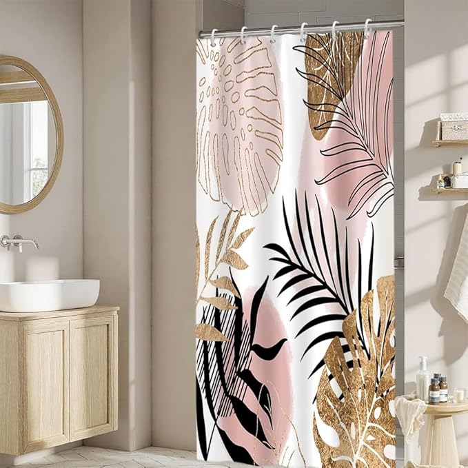 Modern Boho Shower Curtain Pink Gold Palm Leaves Abstract Aesthetic Bathroom Decor Gorgeous Watercolor Botanical Theme Bohemian Bath Curtains Washable Waterproof Polyester Fabric with Hooks 36x72 Inch