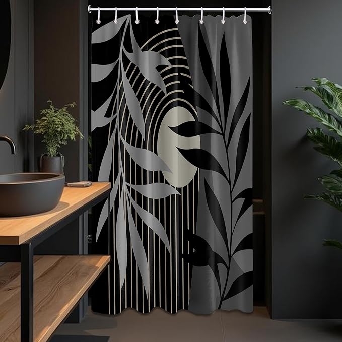 Boho Black and Grey Shower Curtain, Mid Century Modern Black and Gray Shower Curtains for Bathroom, Waterproof Fabric Set with Hooks, (36" W X 72" L)