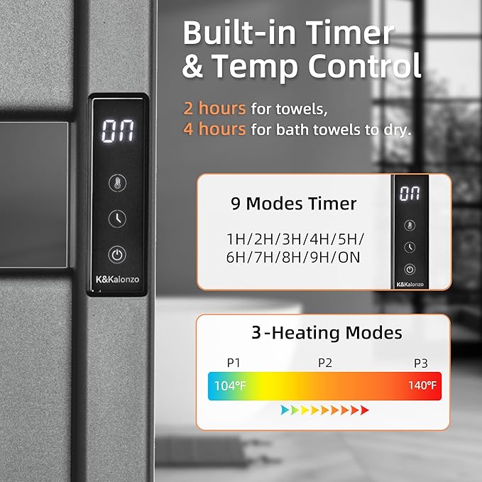 K&KALONZO Smart Electric Towel Warmer with 3-Level Timer & Temp Control, 2H Rapid Dry Aerospace Aluminum Heated Towel Rack, Hardwired/Plug-in Wall Mounted Towel Heater with 4 Hooks, Black, H4-B