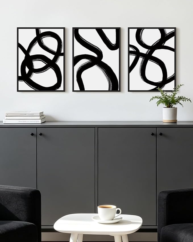KUVIOKE Black and Grey Abstract Framed Wall Art Minimalist Ink Wash Lines Painting Artwork for Bedroom Hallway 11x14in (Black Framed)