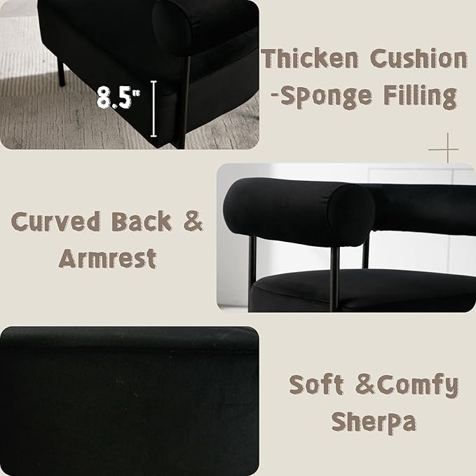 Modern Accent Chair with Curved Back, Small Living Room Vanity Chair, Black Comfy Velvet Barrel Armchair with Metal Legs & Upholstered for Bedroom, Makeup Room