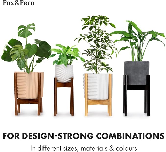 Fox & Fern Mid Century Tall Plant Stand — 10 Inch Fixed Size Raised Bamboo Plant Stand for Indoor Pots (Not Included) - Modern Flower Pot Holder with Plug In Design - Easy to Assemble - Bamboo