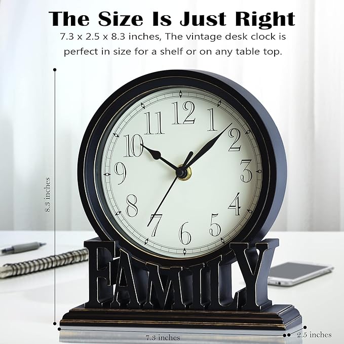 AYRELY® 6.5-Inches Table Clock, Vintage Family Non-Ticking Desk Clock, Retro Mantel Clocks for Living Room, Bedroom, Shelf, Fireplace, Farmhouse Décor (Black)
