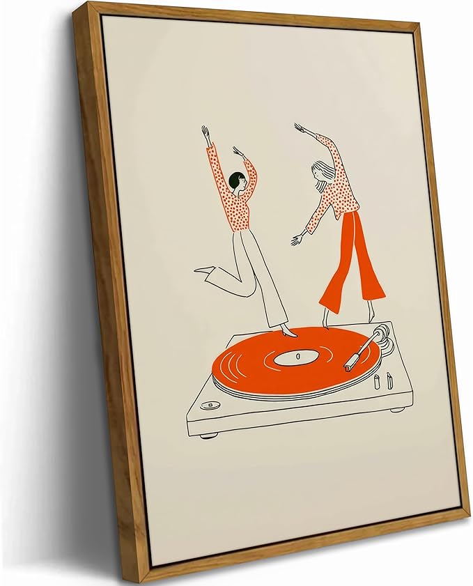 Floating Framed Funny Vinyl Record Canvas Wall Art, Dancing Girls Print Poster, Abstract Music Decor Picture, for Bar, Cafe, Kitchen, Dining Room, Restaurant, Home Decoration, 12x16in