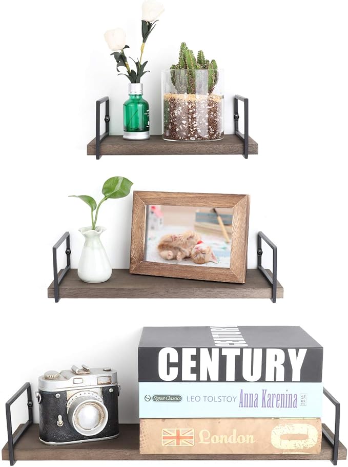 Floating Shelves Wall Mounted Set of 3, Rustic Wood Wall Storage Shelves for Bedroom,Living Room,Bathroom, Kitchen Walnut