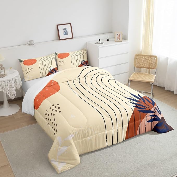 Retro Minimalism Bedding Set King Hippie Modern Comforter Set, Mid Century Duvet Insert Abstract Art Quilt Sets, Geometric Lines Stripes Bedding Comforters & Sets Red Sun Print Bedroom Decoratives