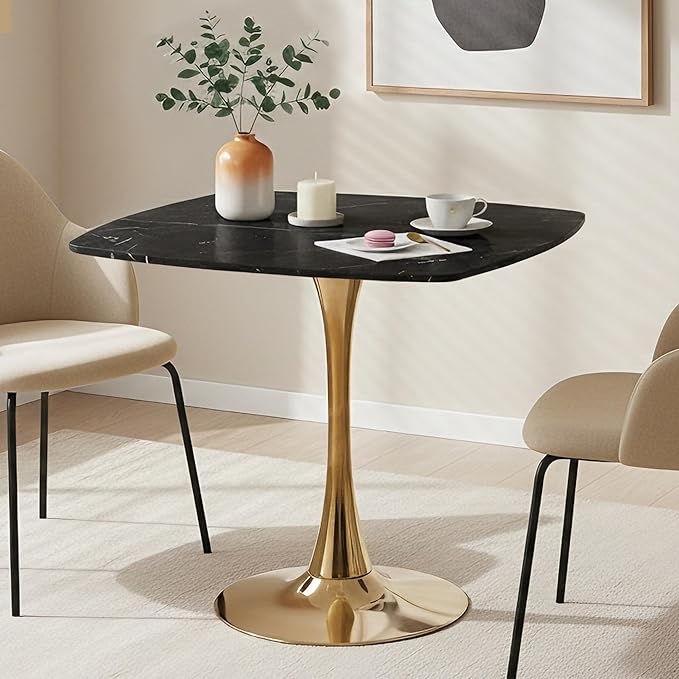 Square Dining Table,31.5" Tulip Table with Metal Pedestal,15-Minute Quick Assembly,Mid Century Modern Leisure Table for Kitchen Small Places Cafe (Faux Marble Black Gold)