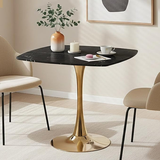 Square Dining Table,31.5" Tulip Table with Metal Pedestal,15-Minute Quick Assembly,Mid Century Modern Leisure Table for Kitchen Small Places Cafe (Faux Marble Black Gold)