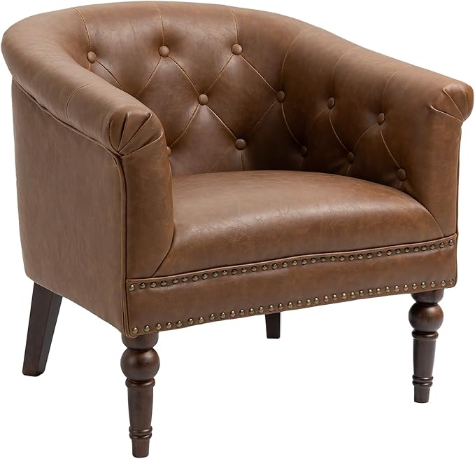 UIXE PU Leather Barrel Club Chairs Set of 4, Modern Arm Accnet Chair Comfy Upholstered Armchair, Nailhead Trim Living Room Single Sofa Reading Seat Bedroom Side Sitting for Office, Brown