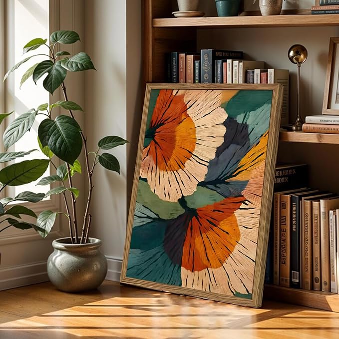 Framed Abstract Floral Wall Art, Boho Vintage Flower Pictures Wall Decor, Mid Century Modern Botanical Paintings Canvas Prints for Living Room Bedroom Office 12x16 inch
