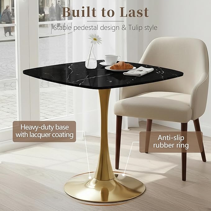 Square Dining Table,31.5" Tulip Table with Metal Pedestal,15-Minute Quick Assembly,Mid Century Modern Leisure Table for Kitchen Small Places Cafe (Faux Marble Black Gold)