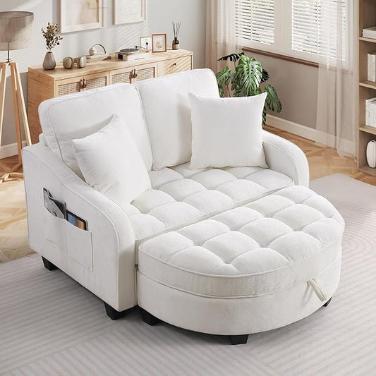 Oversized Chaise Lounge Chair Indoor with Ottoman, Chenille Tufted Comfy Loveseat Sofa Chair with Adjustable Backrest, Fluffy Recliner Sofa, Convertible Sleeper Couch Bed for Living Room(51"W, Beige)