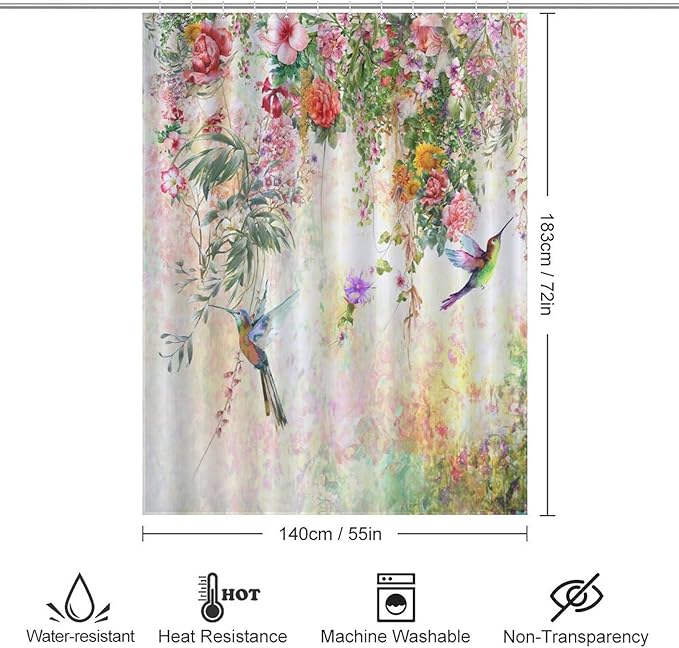 Watercolor Flowers Hummingbird Shower Curtain,Watercolor Floral with Tropical Flower Bird Butterfly Spring And Summer Waterproof Shower Curtains for Bathroom Decor 12 Pack Hooks 55x72in（140x183cm）