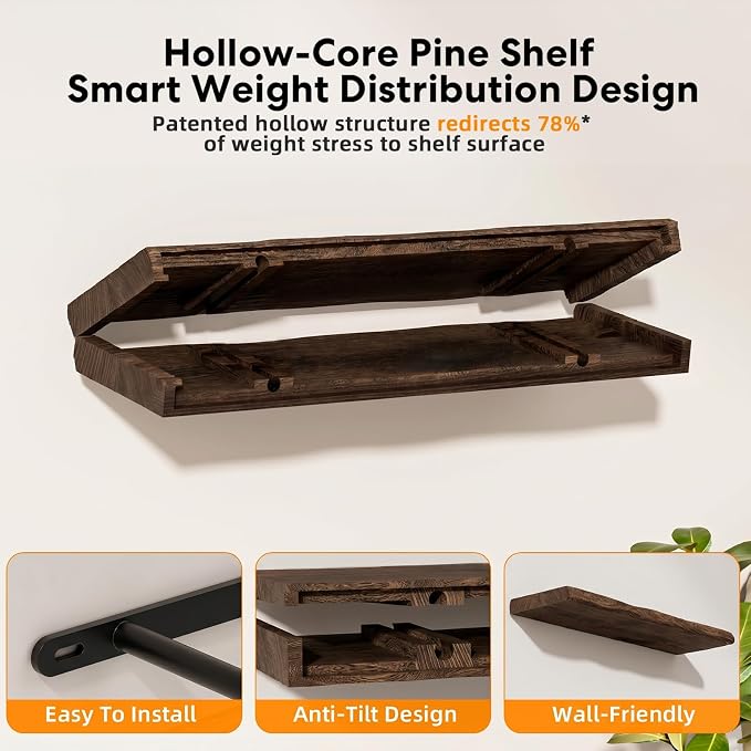 Solid Wood Live Edge Floating Shelves Set of 2 – 24" Rustic Wall Shelf with Hidden Bracket System, Wall Mounted Shelves for Bathroom, Kitchen, Living Room, Bedroom (Charcoal Brown)