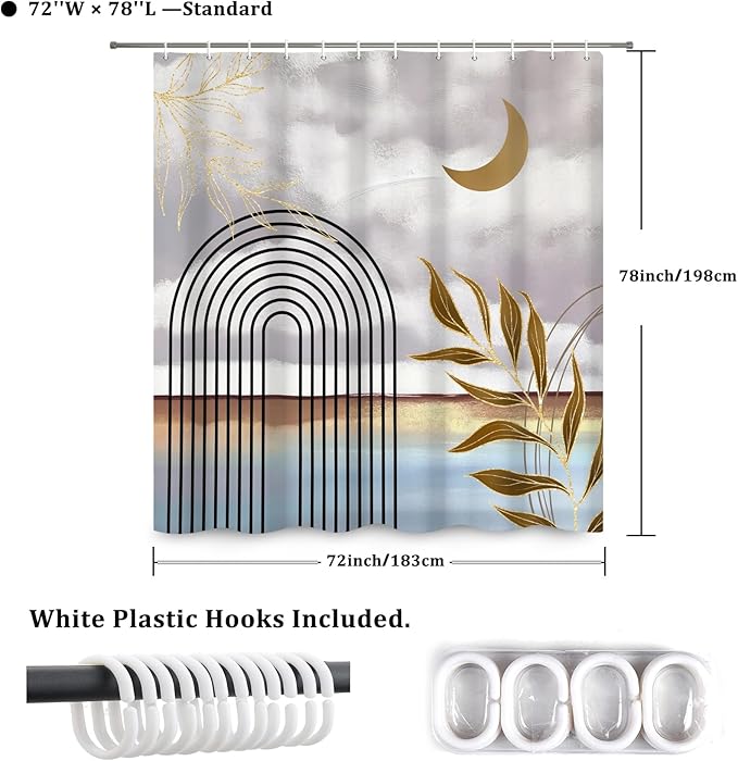 Boho Shower Curtain Abstract Modern Geometric Leaves Shower Curtain Mid Century Minimalist Moon Pattern Decor Bath Curtain Waterproof Fabric with Hooks 72x78
