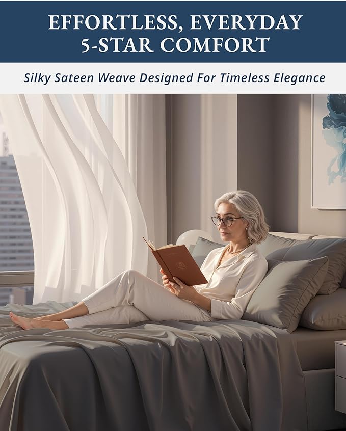 100% Egyptian Cotton Sheets Queen Size Bed Set – Naturally Cooling & Breathable Sateen Queen Sheets Set, Authentic Long-Staple Cotton for Lasting Softness, Snug Fit 15" Deep Pocket Fitted - Charcoal