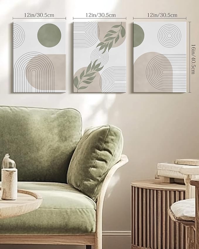 Drsoum Green Bohemian Wall Art Framed Boho Plant Sage Wall Decor Abstract Geometry Artwork Bedroom Home Office Living Room Prints Ready to Hang 12x16in Framed