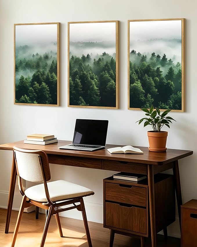 KUVIOKE Green Fog Pine Tree Framed Wall Art Nature Nordic Misty Forests Artwork Morden Painting Bedroom Decor 24x36in (Natural Framed)