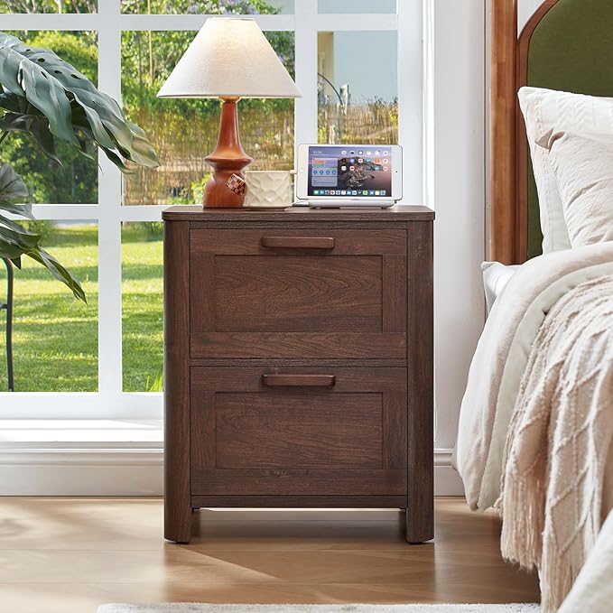 Farmhouse Nightstand with Charging Station, End Tables Bedroom with 2 Large Drawers & 4 Thickened Table Legs, Walnut