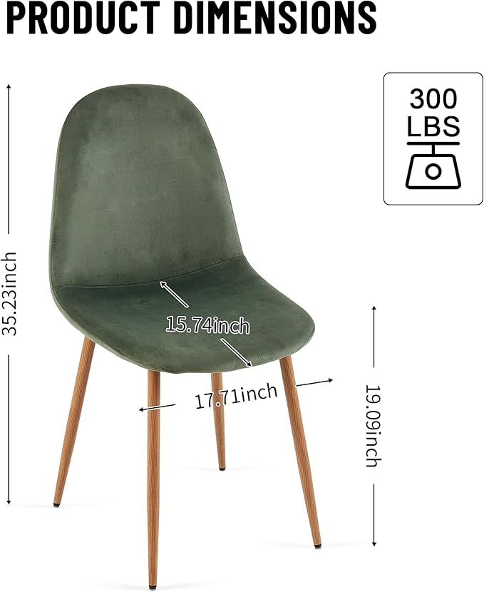 Velvet Dining Chairs Set of 4, Upholstered Dining Room Chairs with Oak Look Foiled Steel Legs, Comfortable Armless Kitchen Chairs for Living Room, Green