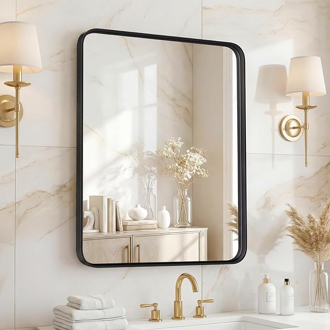 NEWBULIG Wall Mirror, Bathroom Mirror for Over Sink, Matte Metal Framed Vanity Mirror, Wall Decor for Bedroom, Tempered Glass