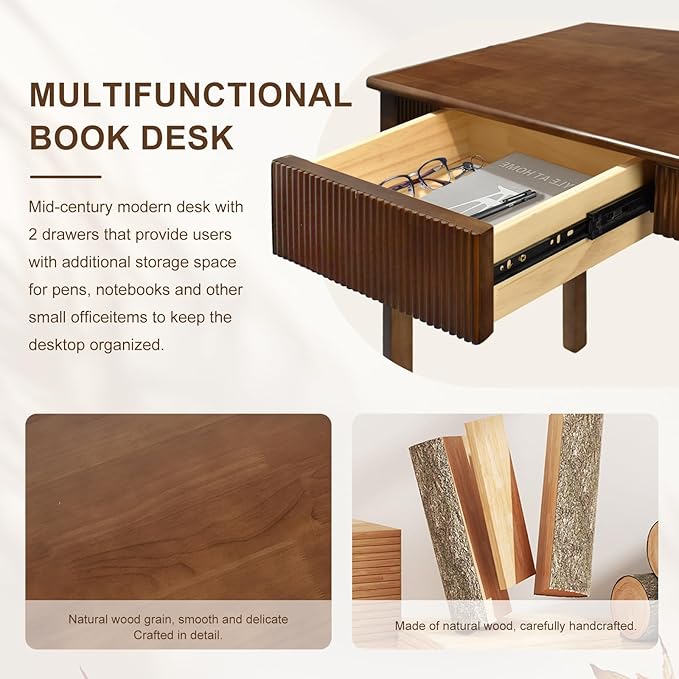 39.4'' Solid Wood Desk with 2 Drawers, Mid Century Modern Home Writing Office Small Wooden Desk ,Vintage Computer Table with Storage for Living Room, Bedroom, Fluted Design Walnut(Walnut, 39.4 Inch)