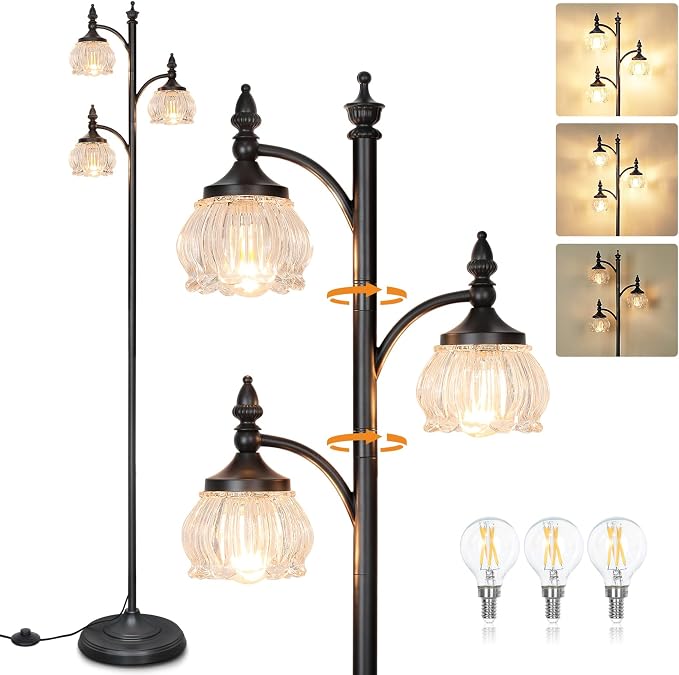 JUNNAI Black Standing Lamps for Living Room 66.5in Floor Lamps with Glass Shade 3 Way Brightness Lights Dimmable Modern Corner Lamp for Bedroom Office(3LED Bulbs Included)
