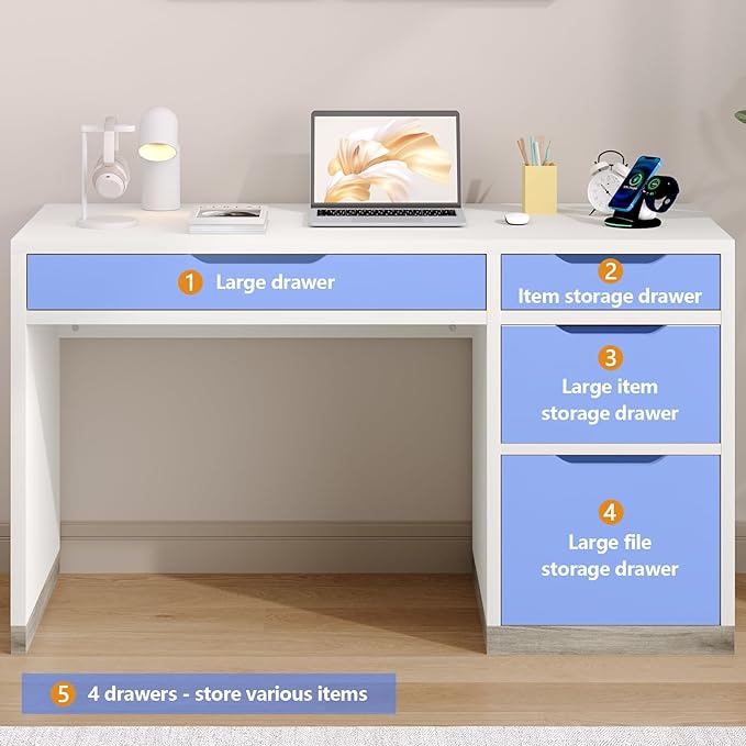 MaverickFurni 52 Inch White Desk with 4 Drawers, Computer Desk with Storage for Small Spaces with Storage File Drawer, Small Home Office Desk with Drawers for Bedroom