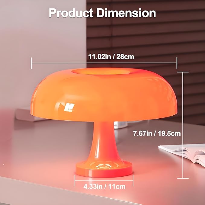Orange Mushroom Lamp Dimmable Mushroom Table Lamp with 3 Lighting Modes Plug Donut 70s Retro Mid Century Lamp for Room Aesthetic Modern Lighting for Bedroom Living Room Home Decor & Gifts