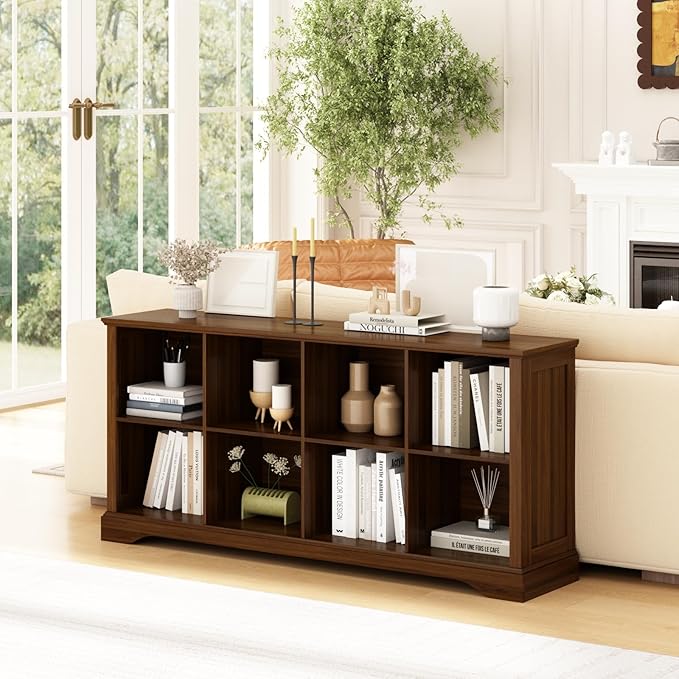 8 Cube Storage Organizer - 62" Long Farmhouse Wood Low Bookshelf, Horizontal Open Shelf Bookcase Cubby Storage Console Cabinet for Living Room, Entryway, Office, Walnut