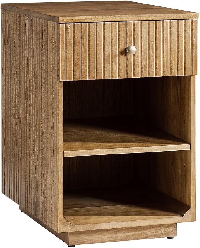 HULALA HOME Mid-Century Modern End Table with Drawer and Open Shelves, Solid Paulownia Wood Side Table, Brass Knob, No Assembly Required(Acorn)
