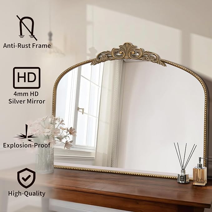 Micasso Vintage Gold Arched Mirror: 36"x29" French Baroque Antique Wall Mounted Mirror - Traditional Ornate Decorative for Wall/Fireplace/Entryway/Bathroom/Hallway - Home Decor for Living Room