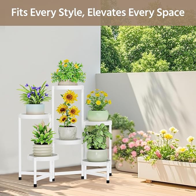 LASZOLA 6 Tiered Plant Stand Indoor Outdoor with Plastic Tray, Corner Folding Tall Flower Display Rack, Modern Plant Holder Shelf for Outdoor Patio Porch Garden Office Living Room, White