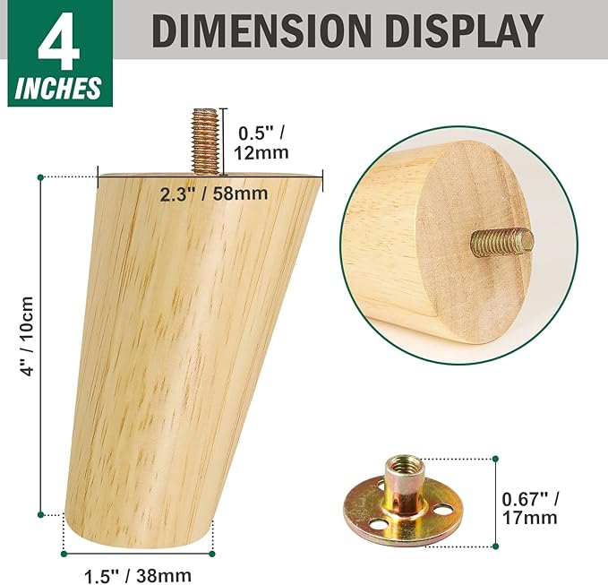 FoDau770 Rubber Wood Furniture Legs 4 Inches, Slant Tapered Wood Feet Mid Century Sofa Legs Set of 8, 5/16" UNC Furniture Feet Replacement Parts for Cabinet Couch Dresser Chair Ottoman Table