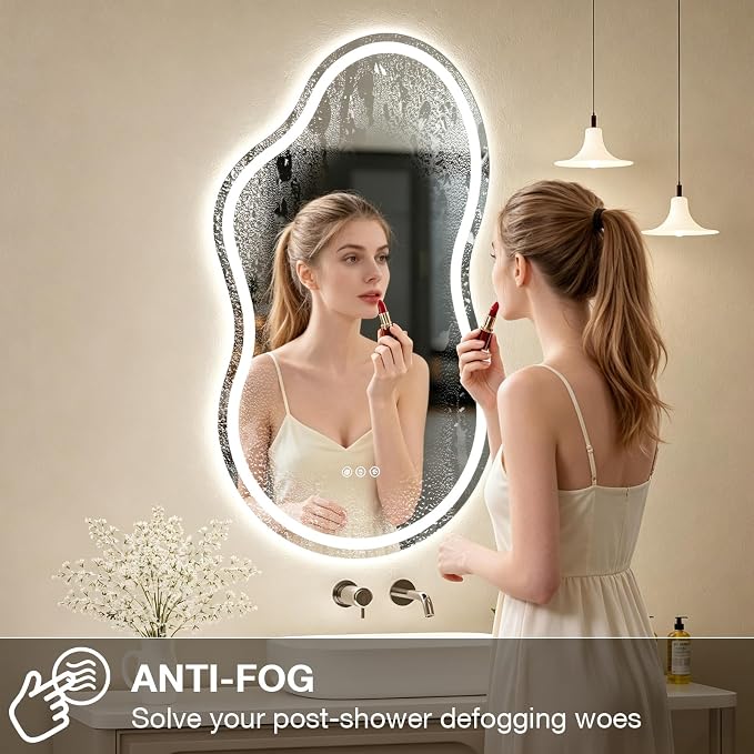 Cloud Shape Asymmetrical LED Vanity Mirror with Lights, 32"x20" Fogless Lighted Bathroom Mirror, 4mm Tempered Glass, Dimmable 3-Color & Memory Function, Wall Mounted (Horizontal/Vertical)