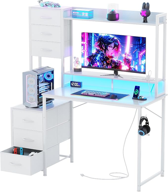 MUTUN 47 Inch Computer Gaming Desk with Hutch Power Outlet and LED Strip, Home Office Work Study Writing Desk with 6 Fabric Drawers and Storage for Bedroom, Escritorios para Computadoras, White