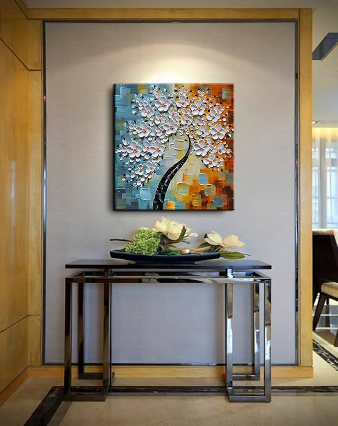 YaSheng Art - hand-painted Oil Painting On Canvas white Flowers Paintings Modern Home Interior Decor Wall Art for living room Abstract Art picture Ready to hang 30x30inch
