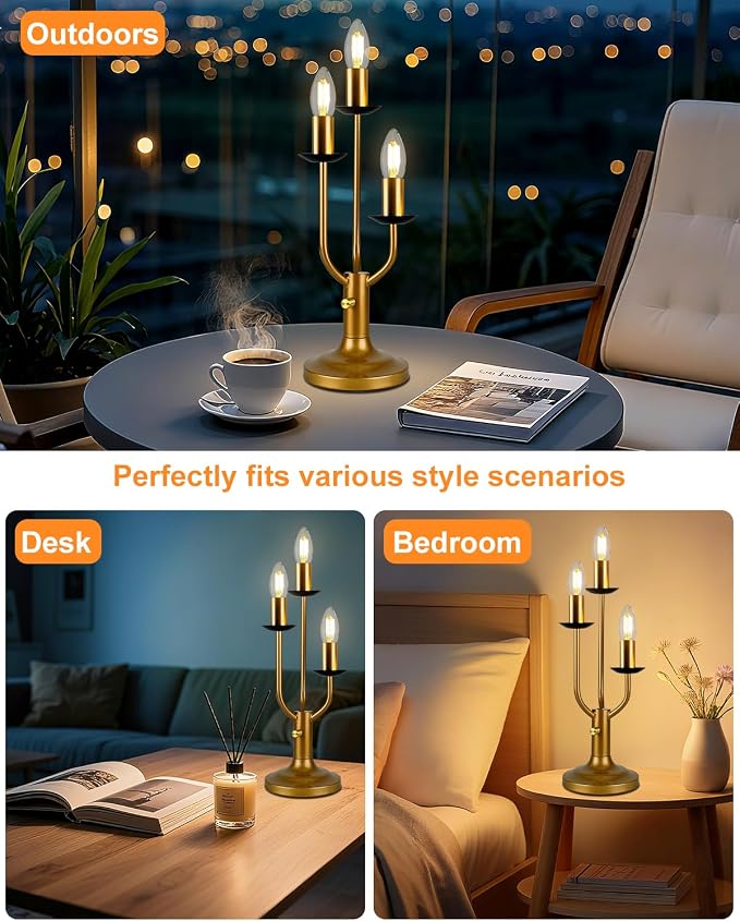 3-Light Dimmable Candelabra Table Lamp with LED Bulbs Included, Vintage Industrial Gold Metal Desk Lamp, Retro Candle Nightstand Light for Bedroom, Living Room, Office, Cafe Decor