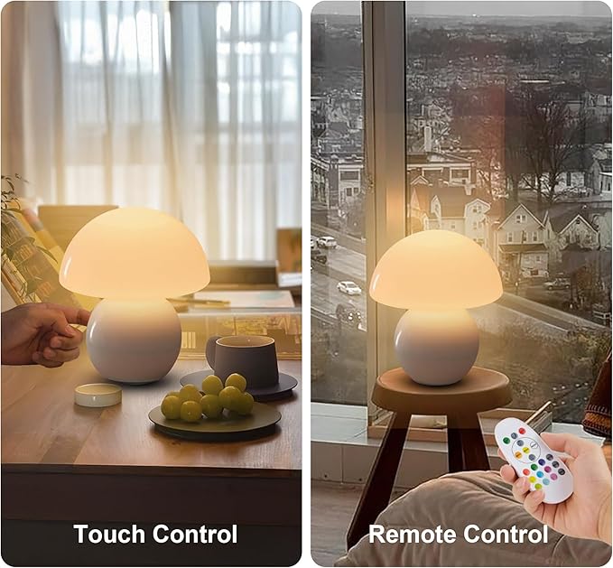 Cordless Cute Mushroom Lamp with Remote Control, Cordless Lamps for Tables, 9 RGB, 3 Color Temperature, Stepless Dimmable, Timer, Memory, Unique Aesthetic Home Decor for Living Room (White)