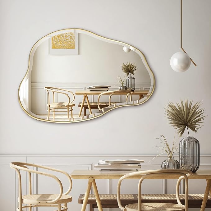 POZINO Irregular Beveled Bathroom Mirror, 36" x 24" Asymmetrical Vanity Mirror with Gold Metal Frame, Cloud Shaped Wall Mirror for Bathroom Entryway Living Room Bedroom, Horizontal/Vertical Hanging
