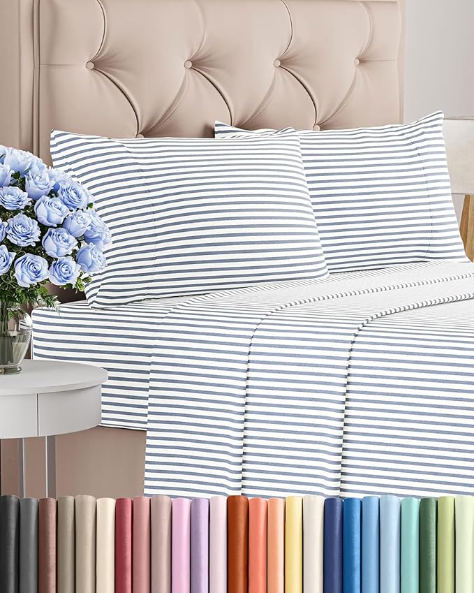 Cal King Size 4 Piece Sheet Set - Comfy Breathable & Cooling Sheets - Hotel Luxury Bed Sheets for Women & Men - Deep Pockets, Easy-Fit, Soft & Wrinkle Free Sheets - Blue Stripes Oeko-Tex Bed Sheet Set