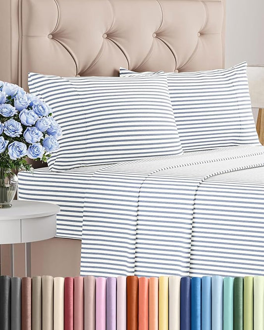 Cal King Size 4 Piece Sheet Set - Comfy Breathable & Cooling Sheets - Hotel Luxury Bed Sheets for Women & Men - Deep Pockets, Easy-Fit, Soft & Wrinkle Free Sheets - Blue Stripes Oeko-Tex Bed Sheet Set