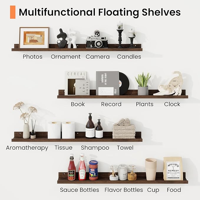 RICHFOCUS Picture Ledge Shelf, 48 inch Floating Shelves Set of 2, Wood Wall Shelves with Lip, Wall Decor Storage for Bedroom Living Room Bathroom Kitchen Nursery Photo Picture, Walnut