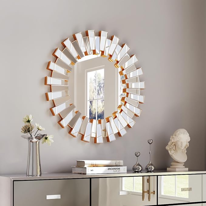 Sunburst Mirror - 26'' Gold Starburst Mirror with Beveled Glass Frame, Wall Decor Mirrors for Living Room, Dining Room, Bedroom,Hallway