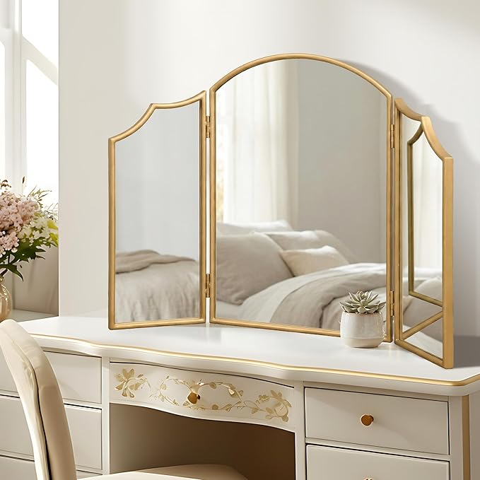 Besdomus Gold Scalloped Vanity Mirror: 36"x24" Large Modern Three Sided Dresser Miror - Minimalist Wood Frame 3 Way Trifold for Bedroom/Cloakroom/Dressing Room - Home Decor for Housewife