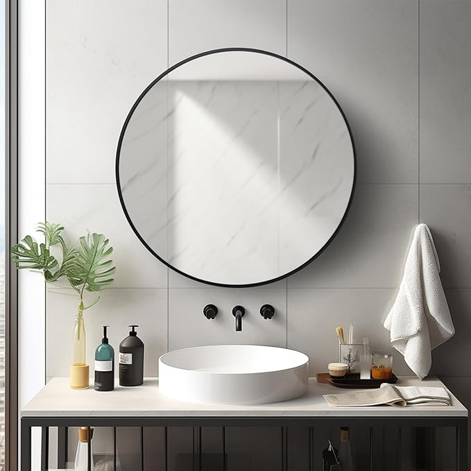 Sunniry Round Mirror 22 inch, Black Circle Mirror, Round Wall Mirrors Matte Metal Frame, Circle Mirrors for Living Room, Bathroom, Wall, Entryway, Rustic.